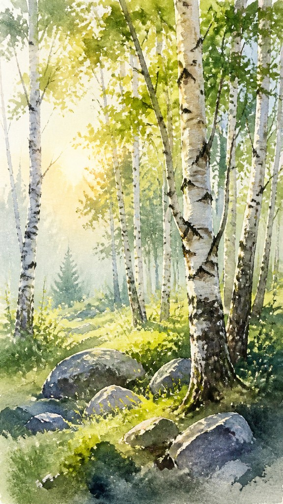 a serene birch forest in soft morning light, no people, no text