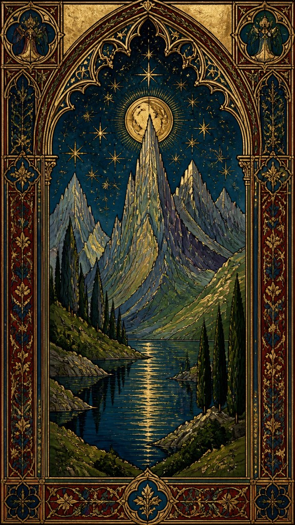 a tranquil mountain lake beneath a starry night sky, no people, no text