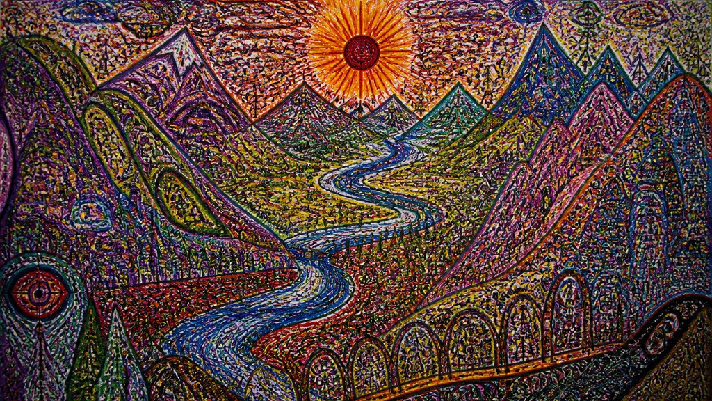 a vast valley with a river winding toward distant mountains at sunrise, no people, no text