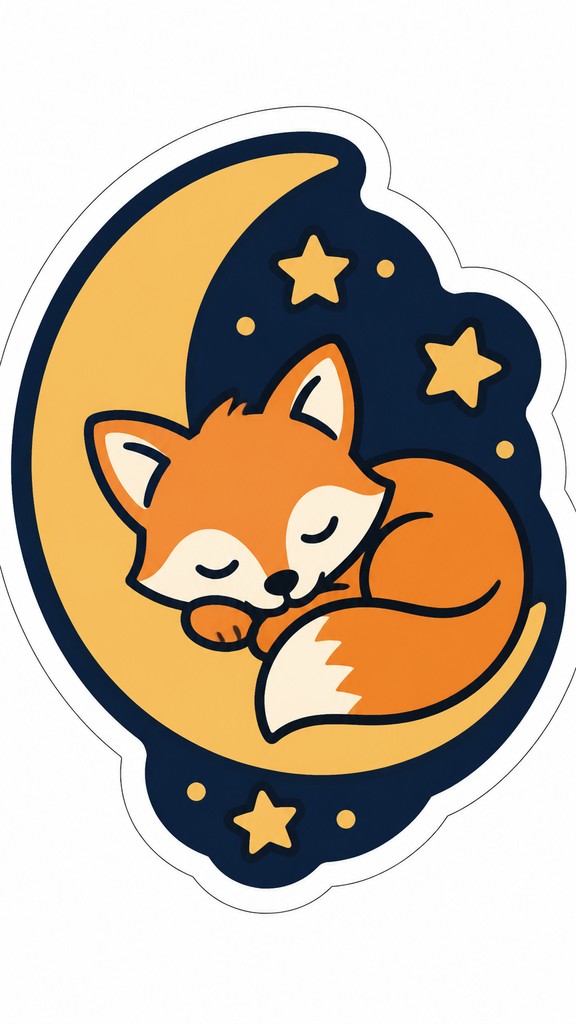 a sleeping baby fox curled on a crescent moon among soft stars, gentle and warm, no text