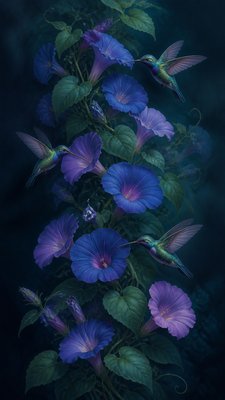 a climbing vine of flowers and hummingbirds on a dark background, tall wrapping composition, no text
