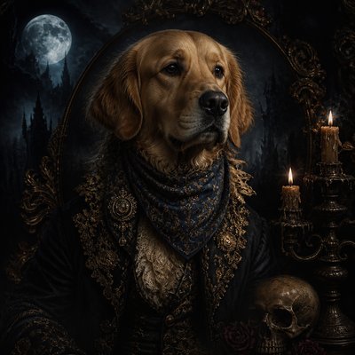 portrait of a golden retriever wearing a blue bandana, warm plain backdrop, no text