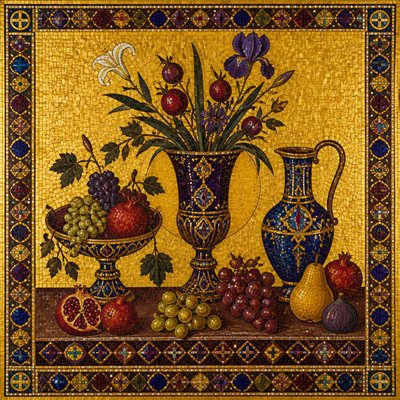 still life arrangement of fruits and flowers