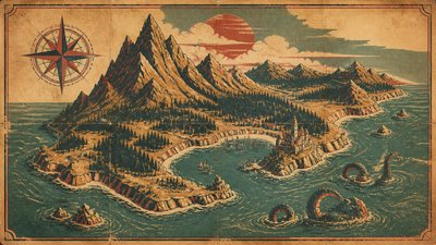 a map of an island realm with mountains, forests, a sheltered bay, sea monsters in the water and a compass rose, no text labels