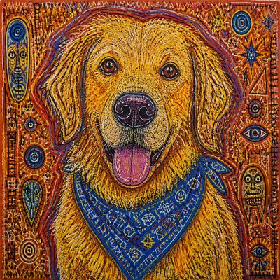 portrait of a golden retriever wearing a blue bandana, warm plain backdrop, no text