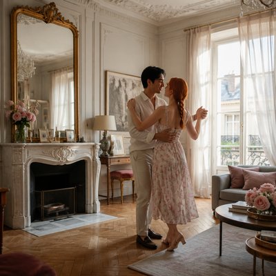 an original couple dancing under string lights in a garden at dusk: a man with short black hair in a linen shirt and a woman with braided red hair in a summer dress