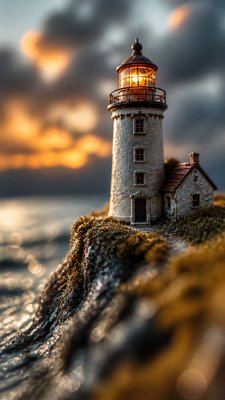 a lone lighthouse on a cliff at dusk under a dramatic sky, no text or lettering