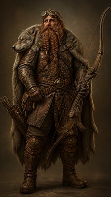 full-body original character: a dwarven ranger with a braided auburn beard, worn leather armor, a longbow and a wolf-pelt cloak, neutral background, no text