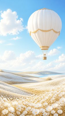 a hot air balloon drifting over rolling flower fields on a sunny day, cheerful, no text