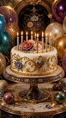 a birthday cake with lit candles surrounded by balloons and confetti, festive vertical composition, no text