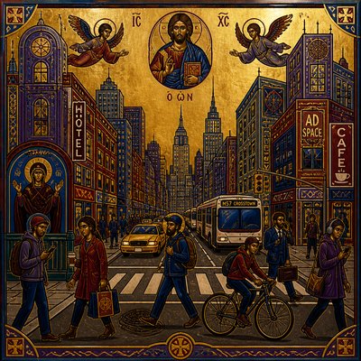 urban street with city activity — Byzantine Religious Art