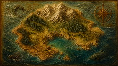 a map of an island realm with mountains, forests, a sheltered bay, sea monsters in the water and a compass rose, no text labels