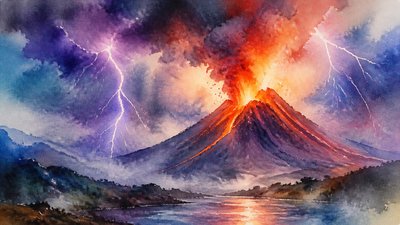 an erupting volcano with lightning strikes, dramatic wide composition, no text