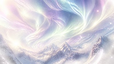 a flowing aurora over snowy peaks, wide sweeping composition, no people, no text