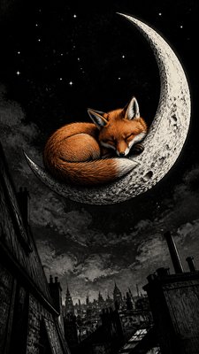 a sleeping baby fox curled on a crescent moon among soft stars, gentle and warm, no text