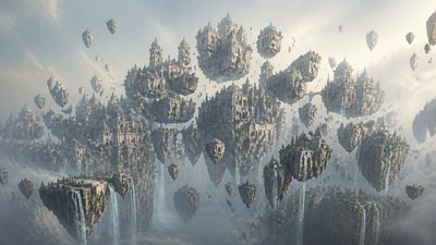 a cliffside city with waterfalls cascading into a misty canyon, wide establishing shot, no people, no text