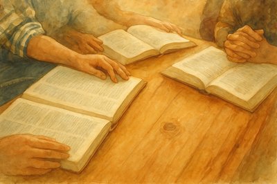 two people sitting at a table with open books