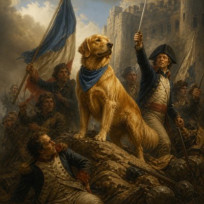 portrait of a golden retriever wearing a blue bandana, warm plain backdrop, no text