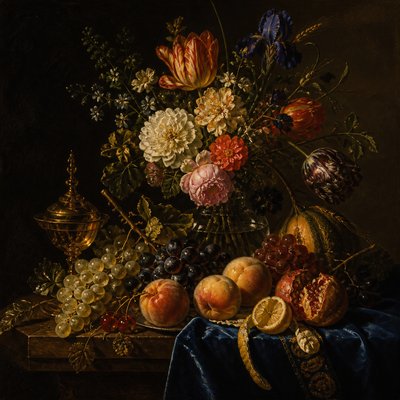 still life arrangement of fruits and flowers