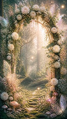 an arch of white roses and eucalyptus in soft morning light, elegant vertical composition with open space, no text