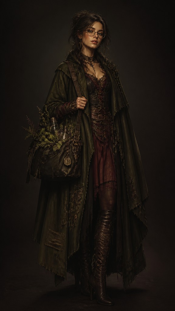 full-body original character: a wandering botanist with a satchel of plants, a patched green cloak, tall boots and round glasses, neutral background
