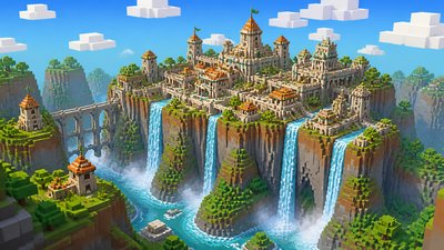 a cliffside city with waterfalls cascading into a misty canyon, wide establishing shot, no people, no text