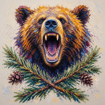 a roaring bear head above crossed pine branches, bold graphic composition on a plain background, no text