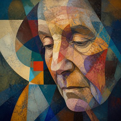 close-up portrait of an elderly person with expressive weathered features