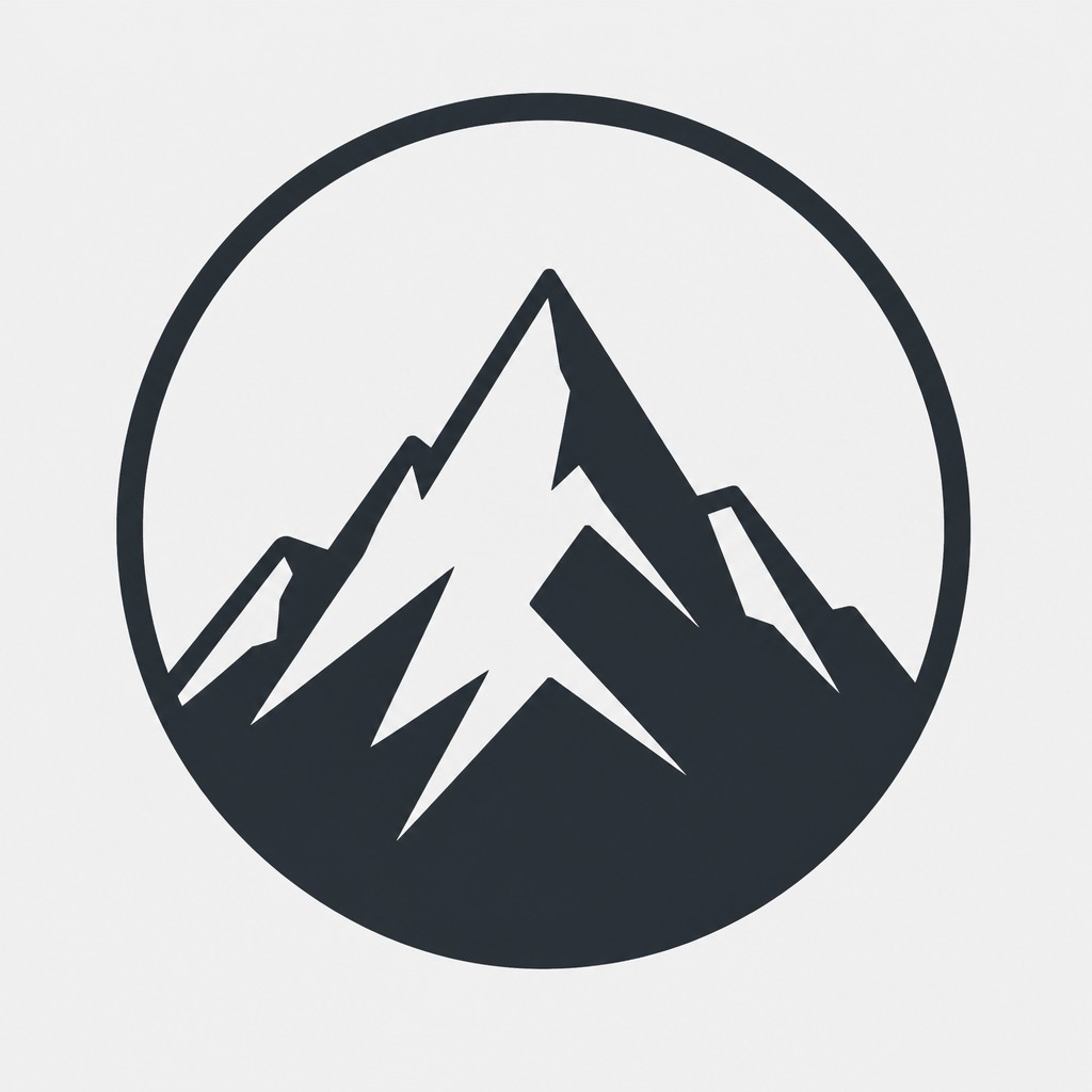 an emblem of a mountain peak inside a circle, simple bold shapes on a plain background, no text or lettering