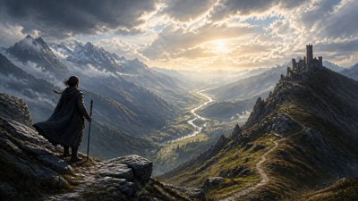 sweeping panoramic landscape with a dramatic sky