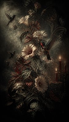 a climbing vine of flowers and hummingbirds on a dark background, tall wrapping composition, no text