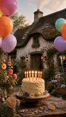a birthday cake with lit candles surrounded by balloons and confetti, festive vertical composition, no text