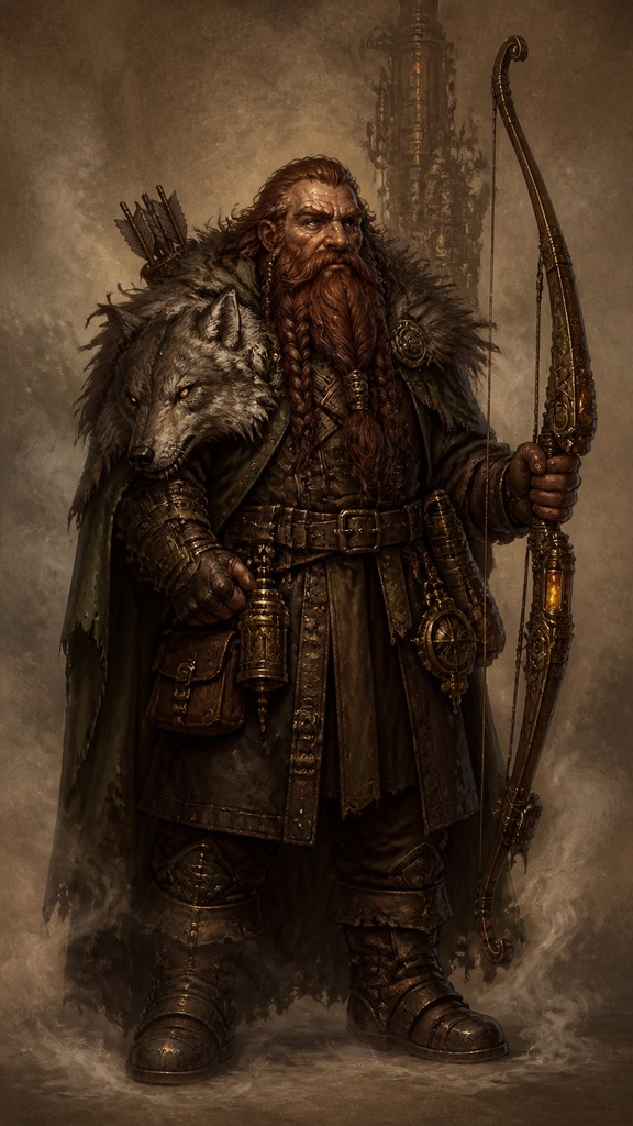 full-body original character: a dwarven ranger with a braided auburn beard, worn leather armor, a longbow and a wolf-pelt cloak, neutral background, no text