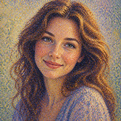 head-and-shoulders portrait of an original character: a young woman with wavy chestnut hair and a warm smile, plain soft backdrop