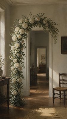 an arch of white roses and eucalyptus in soft morning light, elegant vertical composition with open space, no text
