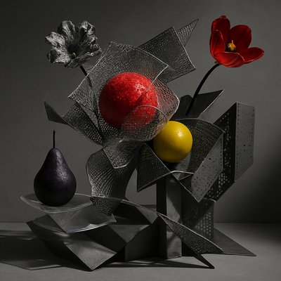 still life arrangement of fruits and flowers