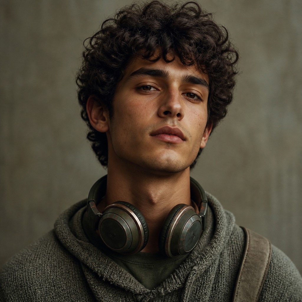 head-and-shoulders portrait of an original character: a young man with curly dark hair and headphones around his neck, plain backdrop, no text