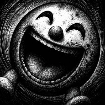 an exaggerated laughing face of an original round mascot character, bold and readable at small size, plain background, no text