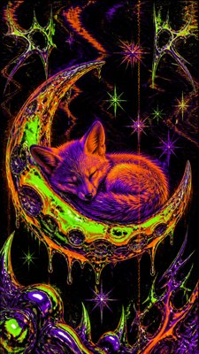 a sleeping baby fox curled on a crescent moon among soft stars, gentle and warm, no text