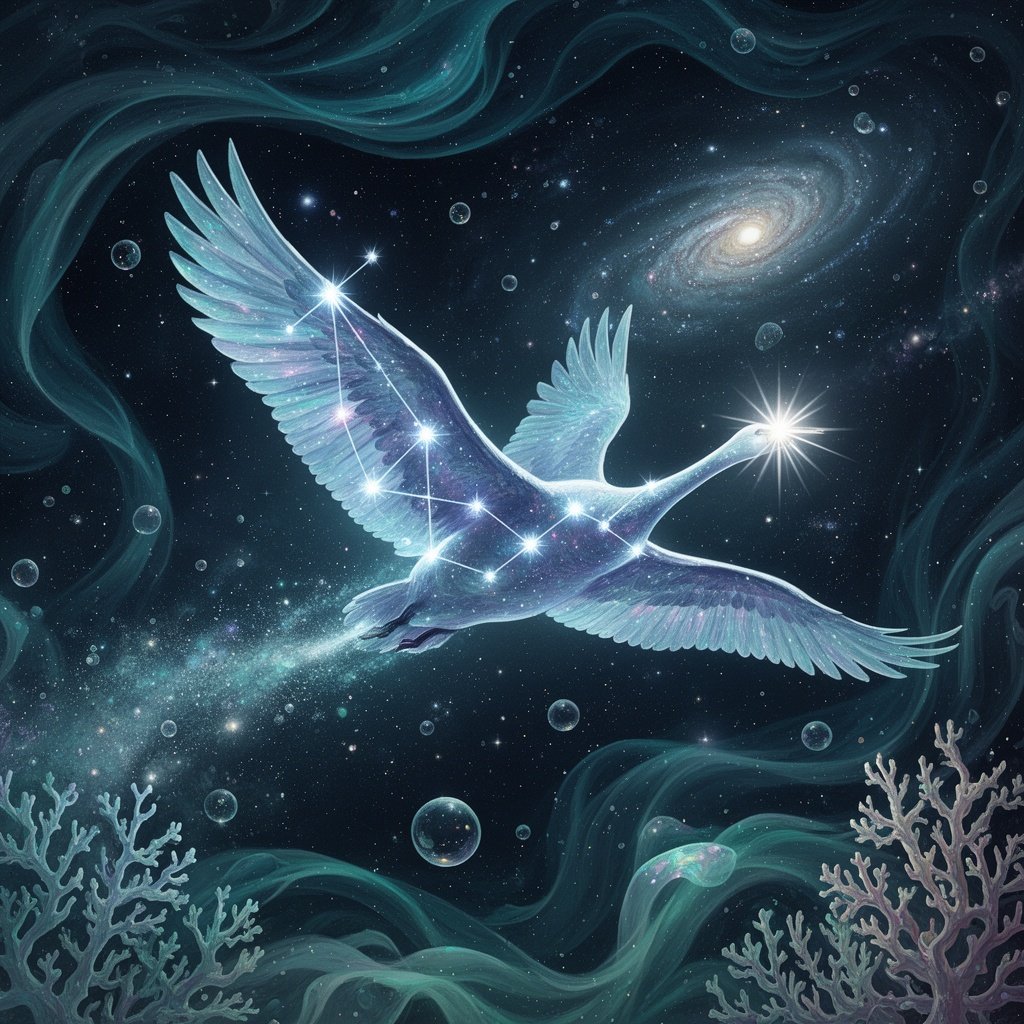 Ethereal Digital Art, Cosmic Surrealism, Astrophotography Aesthetic. A breathtaking scene in deep space where the constellation Cygnus physically manifests into a majestic, glowing celestial swan in mid-flight.
The Subject: The swan’s form is composed of swirling blue and violet nebulae, with its feathers shimmering like stardust. The primary stars of the constellation (Deneb at the tail, Albireo at the beak) are rendered as brilliant, multi-pointed white light-bursts that anchor the swan’s anatomy. The body of the swan is translucent, revealing distant spiral galaxies and star clusters through its wings.
The Composition: The swan is flying diagonally across the frame, leaving a trail of shimmering cosmic dust and stardust in its wake. The background is the deep, dark void of the cosmos, populated by millions of pinprick stars and faint, colorful gas clouds.
Lighting & Mood: The light source originates from the swan itself, casting a soft, divine glow on the surrounding space. The mood is transcendent, silent, and awe-inspiring. Every detail, from the "stellar feathers" to the distant nebulae, should be sharp and high-definition.