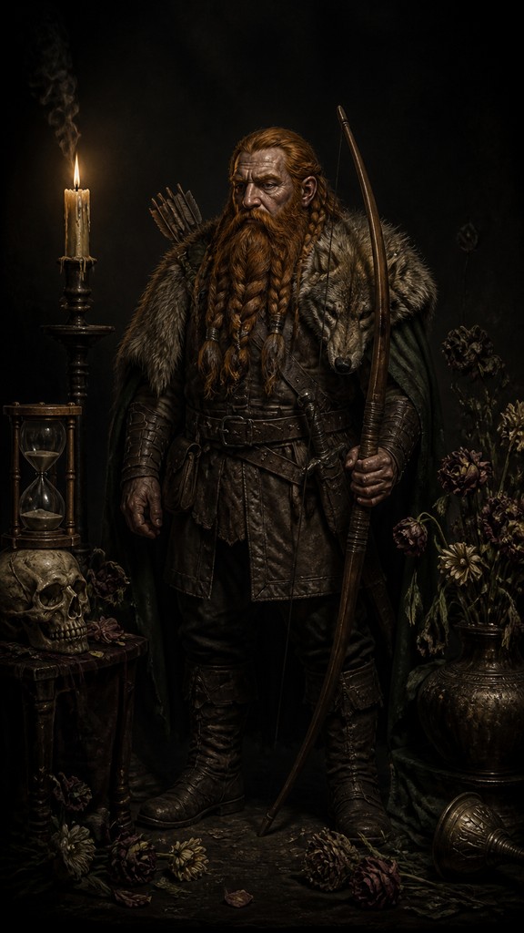 full-body original character: a dwarven ranger with a braided auburn beard, worn leather armor, a longbow and a wolf-pelt cloak, neutral background, no text