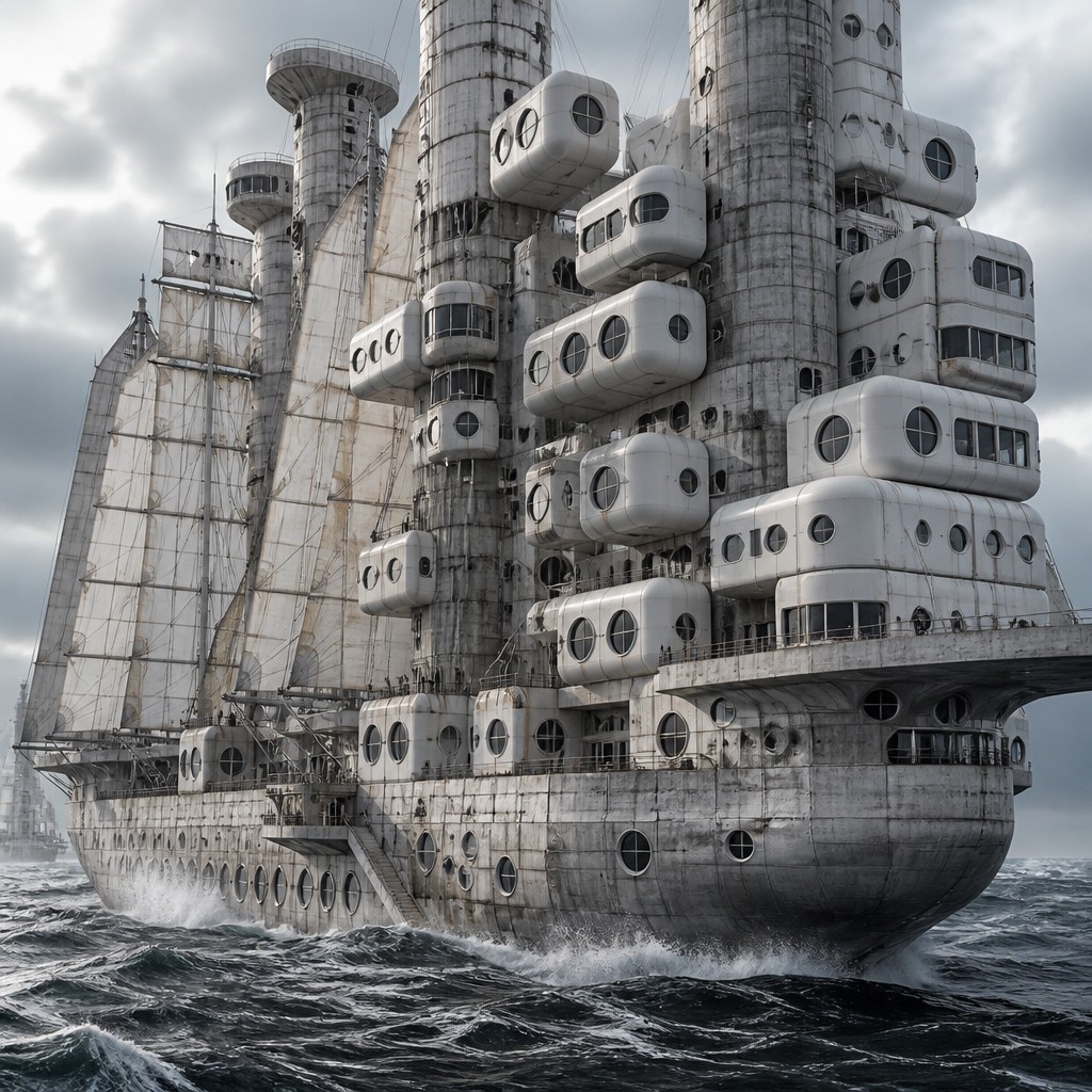 sailing ship on a stormy sea — Metabolist Architecture