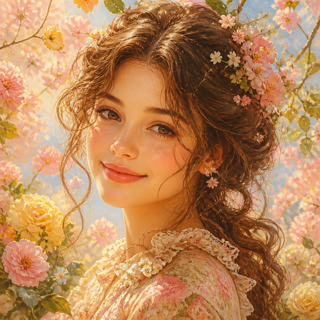 head-and-shoulders portrait of an original character: a young woman with wavy chestnut hair and a warm smile, plain soft backdrop