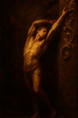 a painting of a man with no shirt on