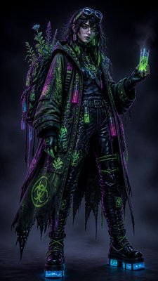 full-body original character: a wandering botanist with a satchel of plants, a patched green cloak, tall boots and round glasses, neutral background