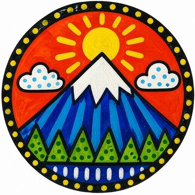 an emblem of a mountain peak inside a circle, simple bold shapes on a plain background, no text or lettering