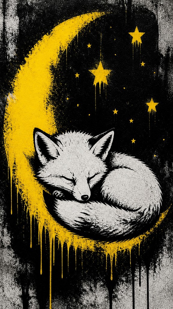 a sleeping baby fox curled on a crescent moon among soft stars, gentle and warm, no text