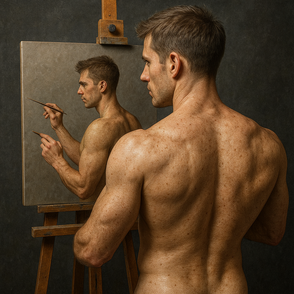a man standing in front of a mirror brushing his teeth