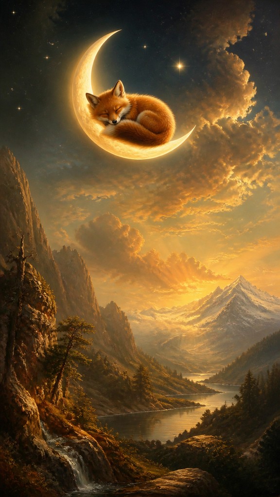 a sleeping baby fox curled on a crescent moon among soft stars, gentle and warm, no text