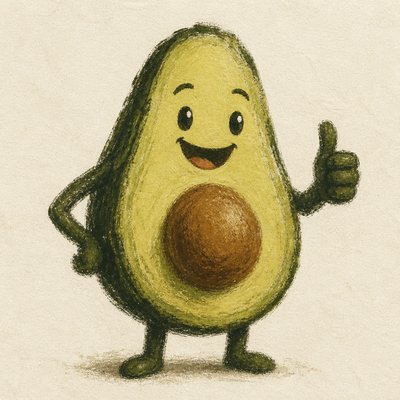 a happy avocado character giving a thumbs up, bold readable design on a plain background, no text